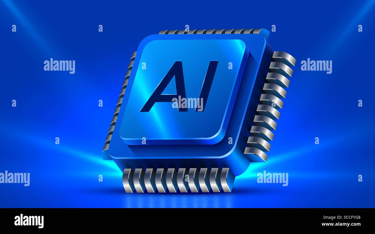 Brightly glowing AI computer chip. Technology concept. CPU processor. Computer microchip. Vector illustration Stock Vector