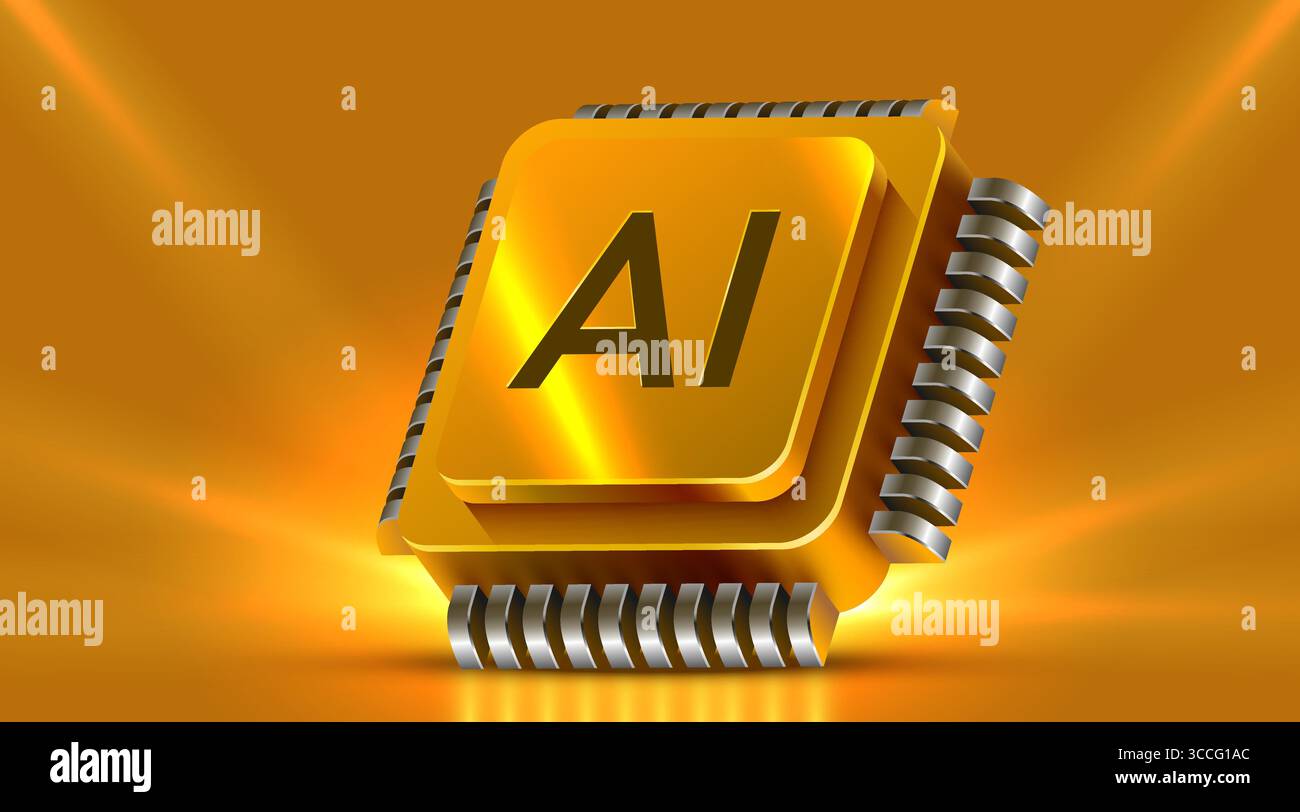 Brightly glowing AI computer chip. Technology concept. CPU processor. Computer microchip. Vector illustration Stock Vector