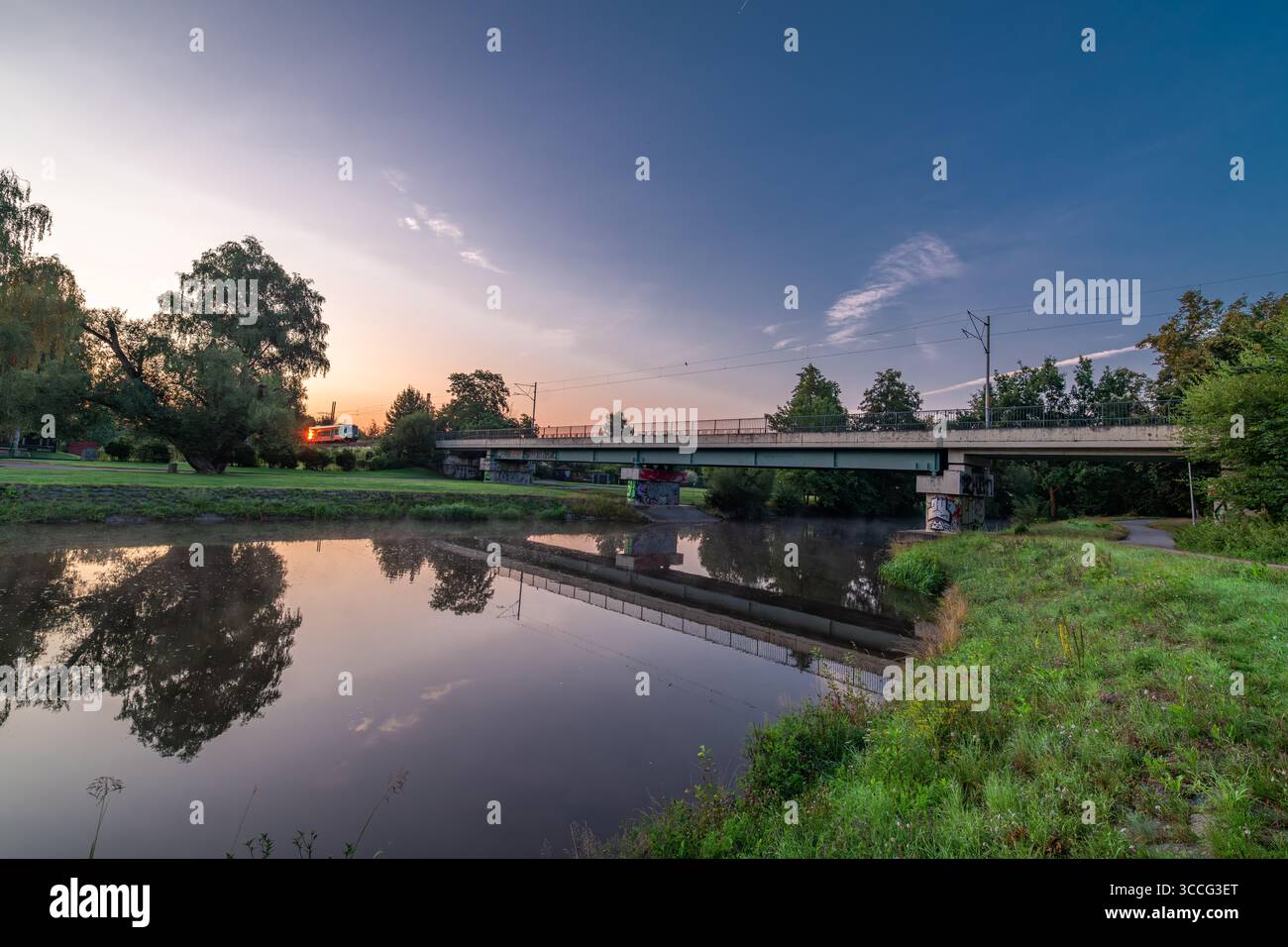Part city near Malse river in sunrise color morning in Ceske Budejovice CZ 08 07 2025 Stock Photo