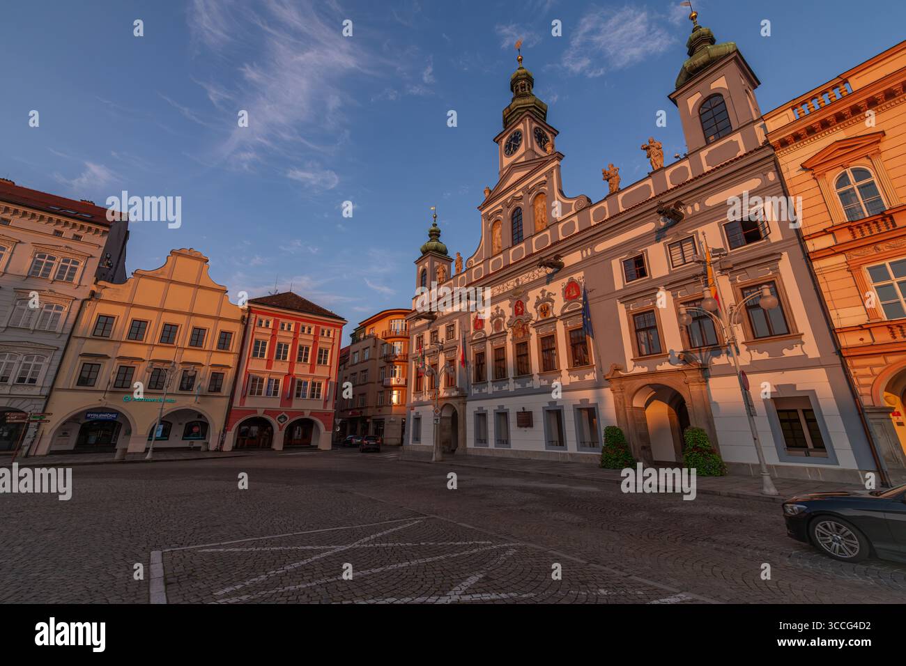 Old historic part of city in sunrise hot morning in Ceske Budejovice CZ 08 07 2025 Stock Photo