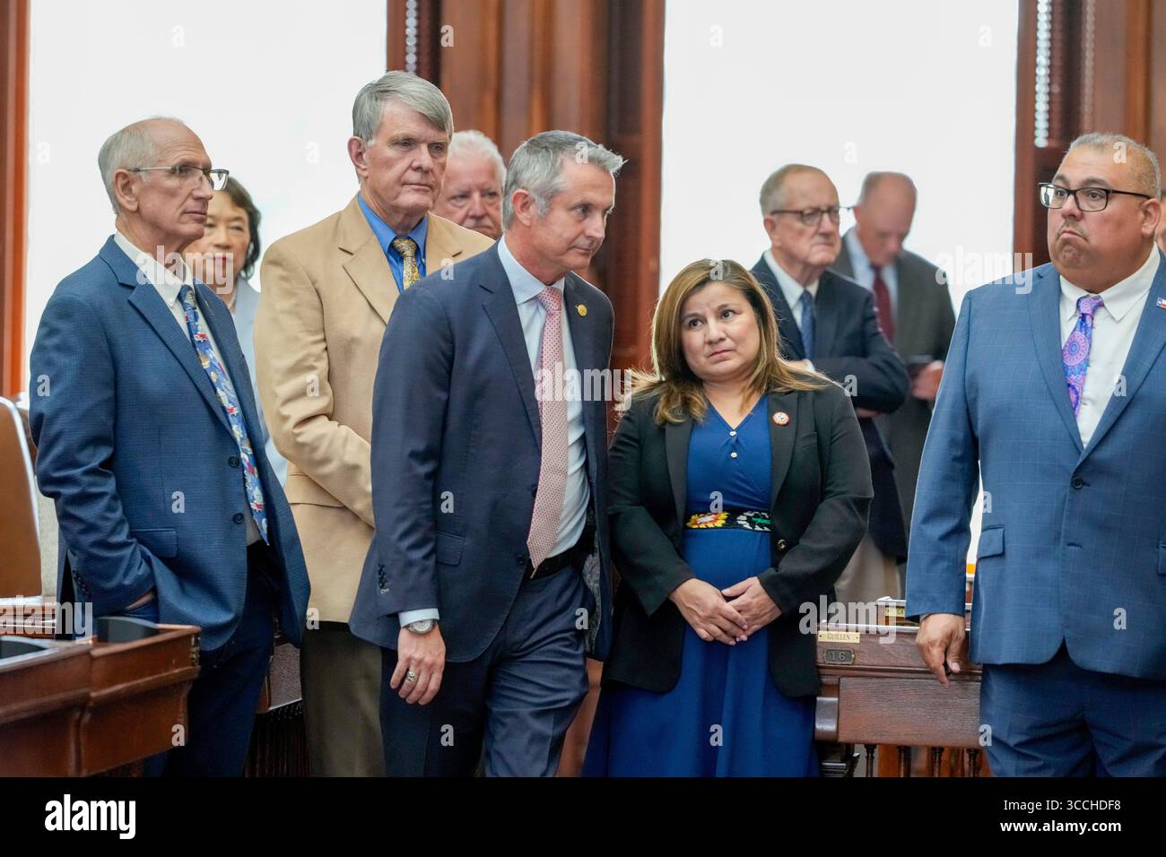Austin, United States. 11th Aug, 2025. Texas Republican House members wear solemn expressions as the House makes a failed attempt for an eighth day to establish a quorum on the eighth day of a Democratic walkout over a Republican mid-decade congressional redistricting attempt. The measure would potentially give U.S. President Donald Trump five more votes in Congress. Credit: Bob Daemmrich/Alamy Live News Stock Photo