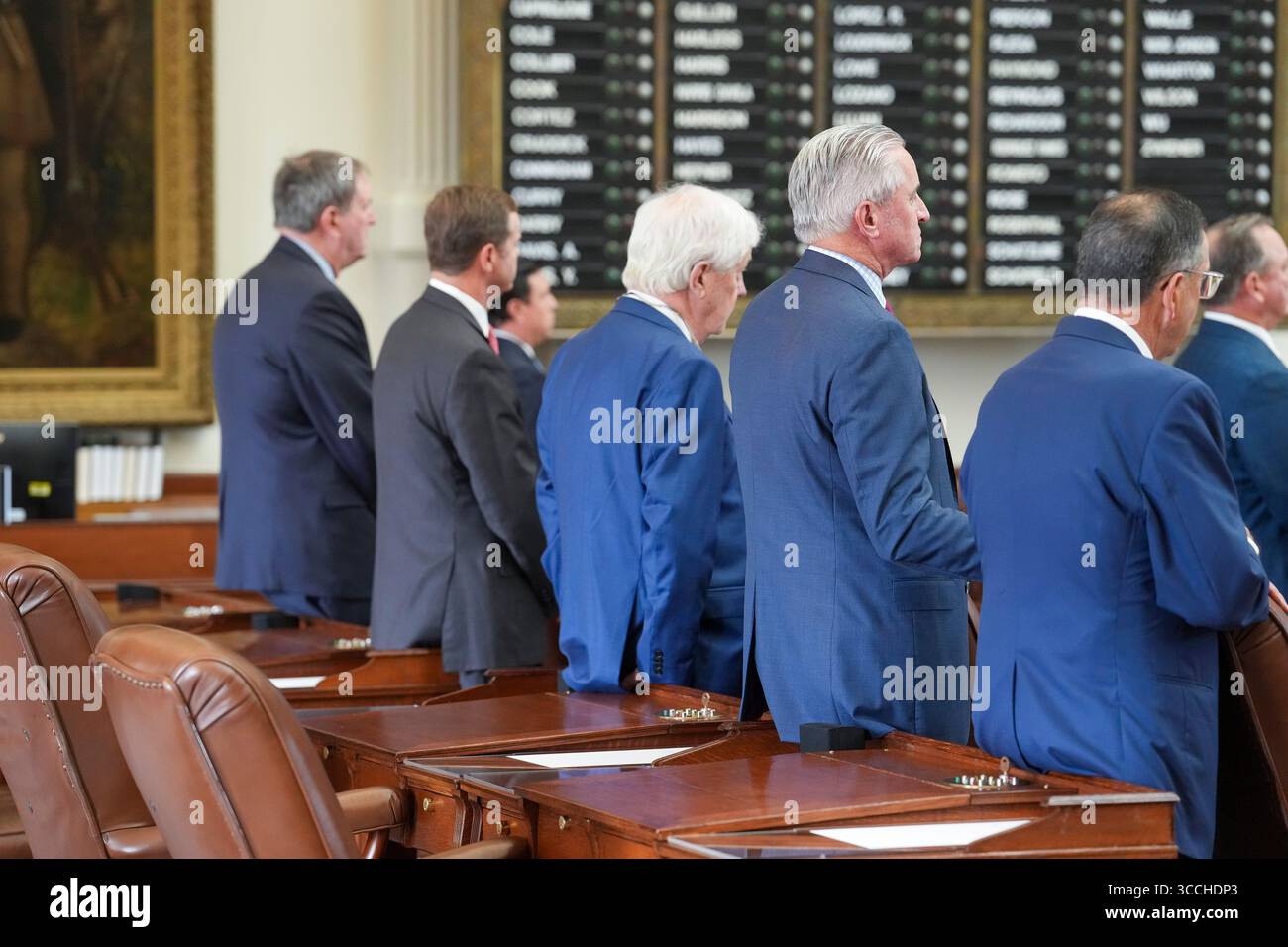 Austin, United States. 11th Aug, 2025. Texas House Republicans listen to the Speakerwhile making a failed attempt to establish a quorum on the eighth day of a Democratic walkout over a Republican mid-decade congressional redistricting attempt. The measure would potentially give U.S. President Donald Trump five more votes in Congress. Credit: Bob Daemmrich/Alamy Live News Stock Photo