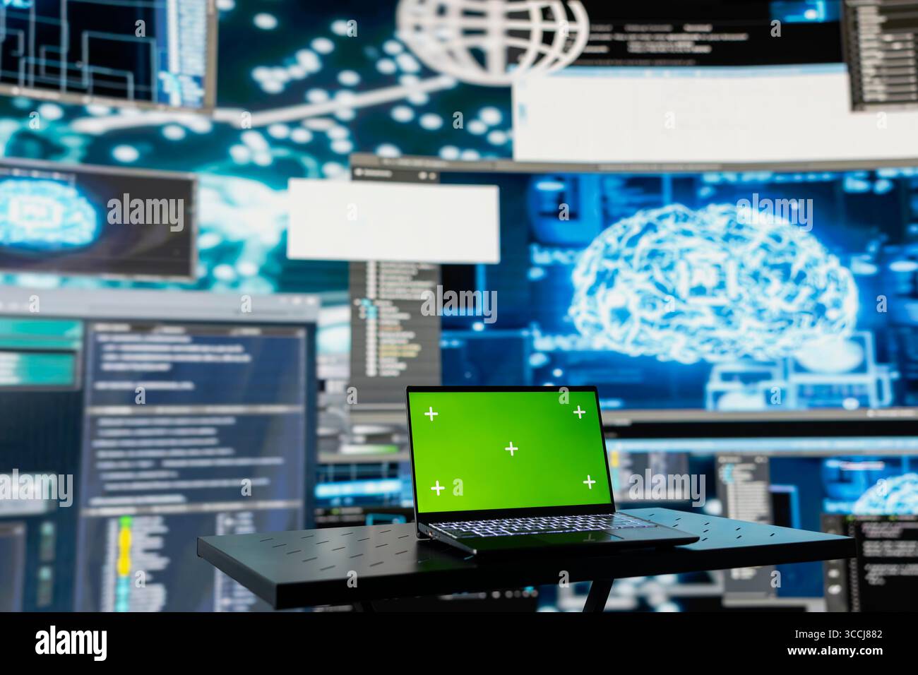 Laptop running isolated mockup screen next to AI neural networks system, used for practicing deep learning and cloud computing. Tech implementing artificial intelligence brain. Stock Photo