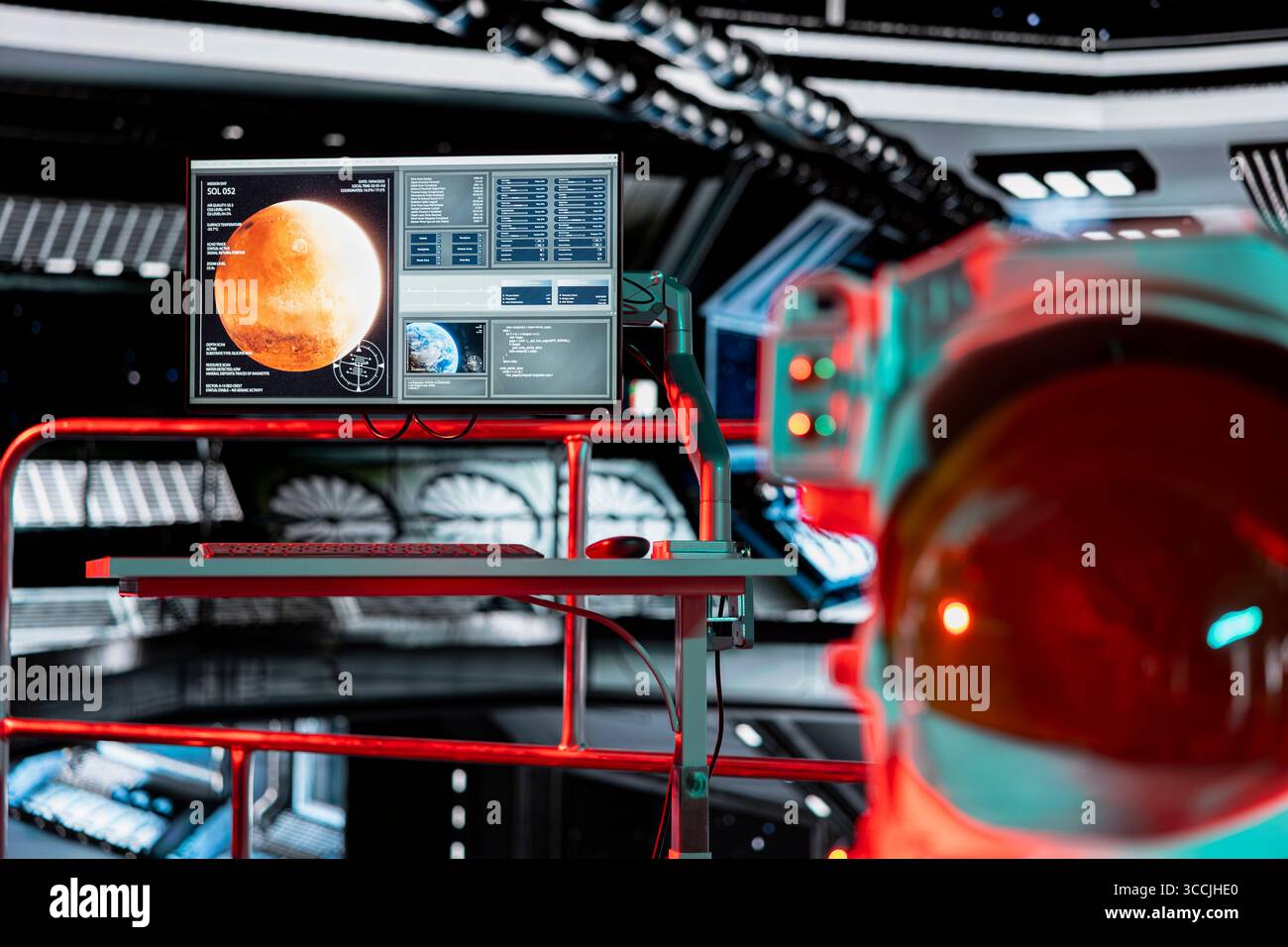 Red ambient light in spacecraft over Mars analysis displayed on screen ...