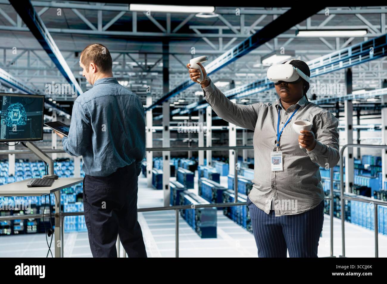 Teamworking server farm programmers using VR headset, running AI ...