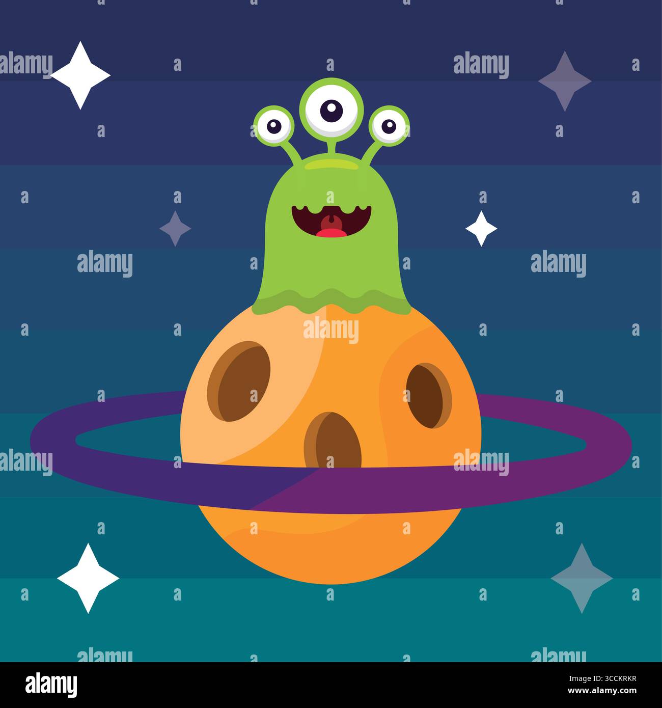 Green alien on ringed planet. Vector Stock Vector