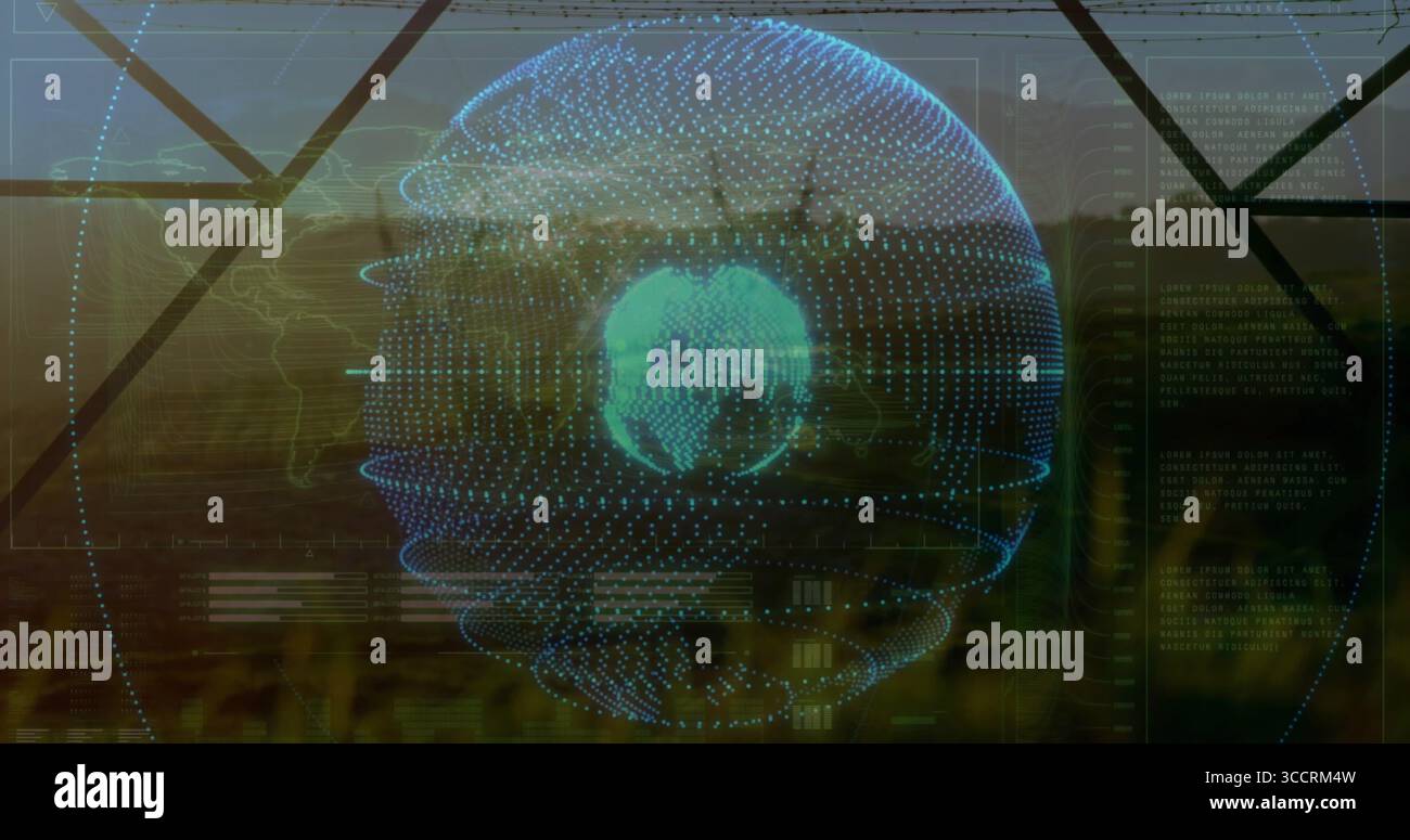 Floating spherical data-point globe displaying binary code in greenhouse, with chart overlays Stock Photo