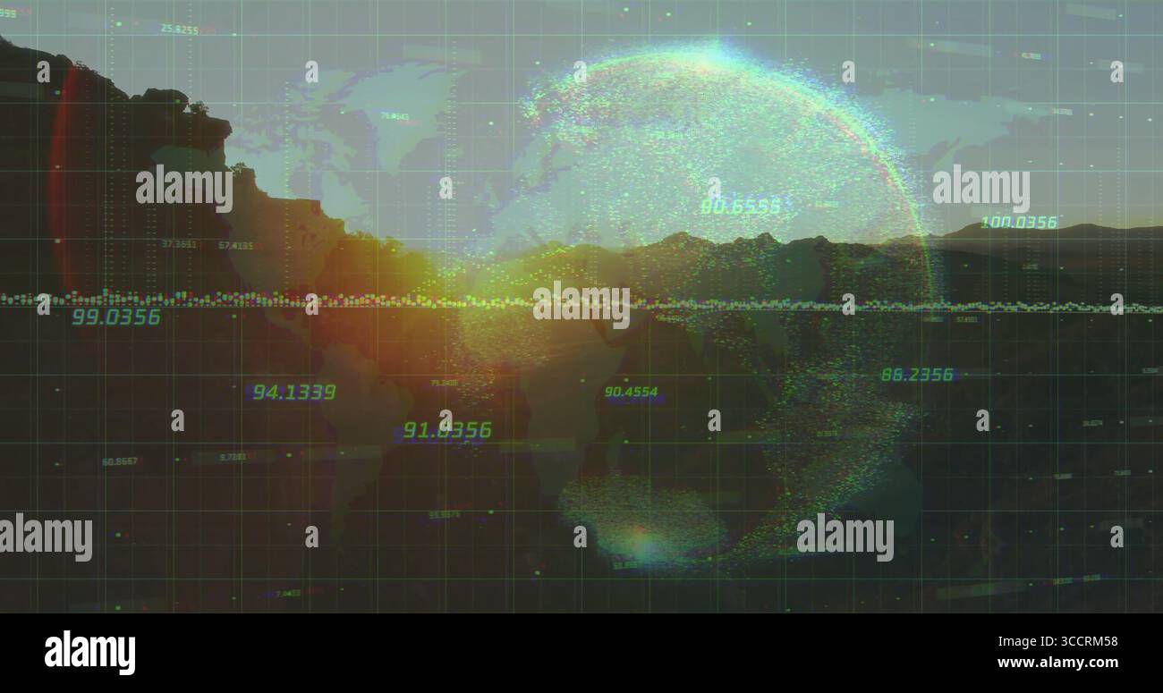 Displaying glowing data sphere over mountain silhouette, sun, world map grid, data line, copy space Stock Photo