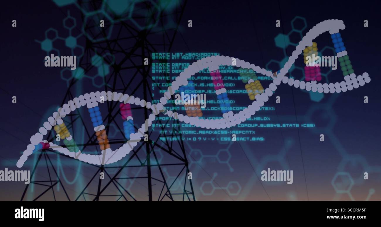 Displaying DNA helix floating over tower site at dusk, with code overlay and hexagonal patterns Stock Photo