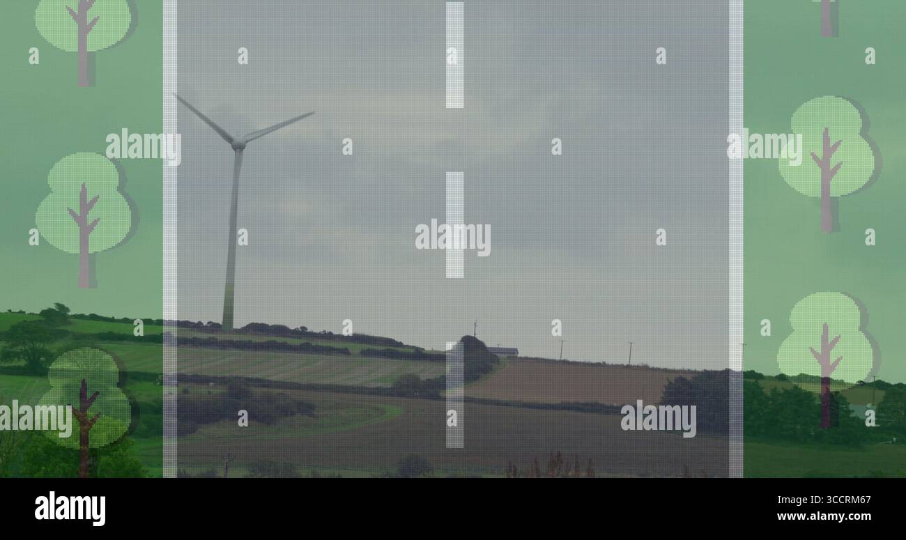 Displaying wind turbine on farmland with hedgerows under translucent ...