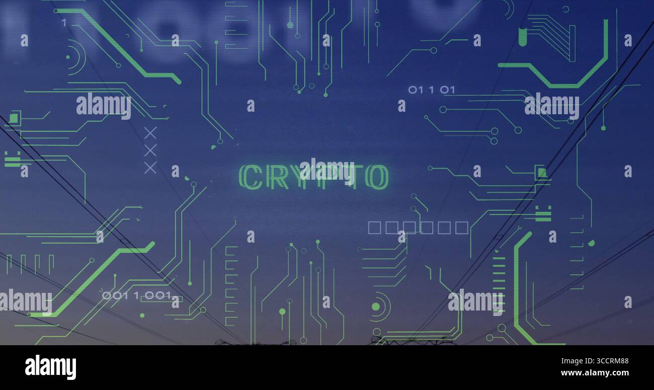 Displaying graphic overlaying neon circuits with binary code on dusk sky, featuring glowing CRYPTO Stock Photo