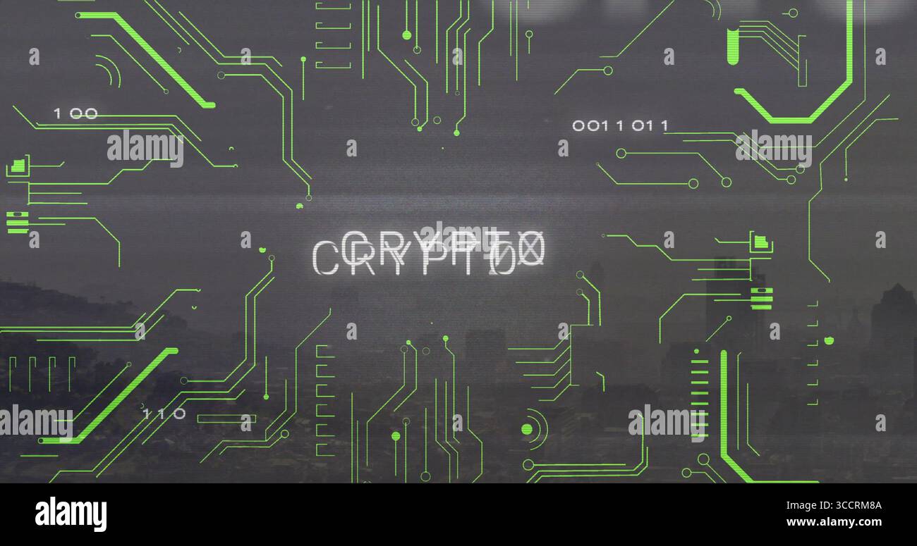 Displaying glitchy CRYPTO text pulsing over skyline, with neon green circuit traces and binary code Stock Photo
