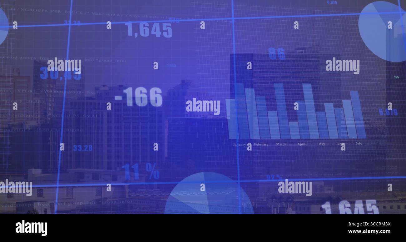 Displaying grid overlay on downtown skyline, with floating numeric indicators and chart segments Stock Photo