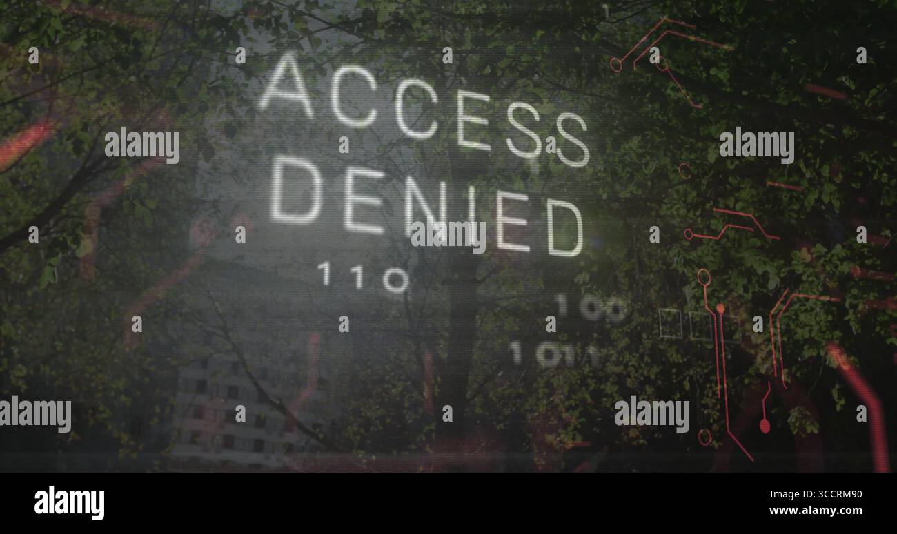 Displaying 'ACCESS DENIED' text overlaying dense forest, with binary code and red circuit traces Stock Photo