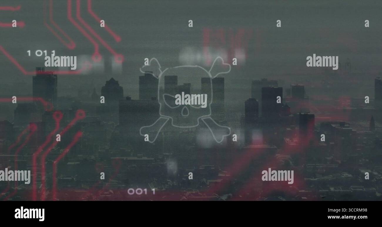 Displaying skull-and-crossbones hovering over city skyline, with red circuits and binary code Stock Photo