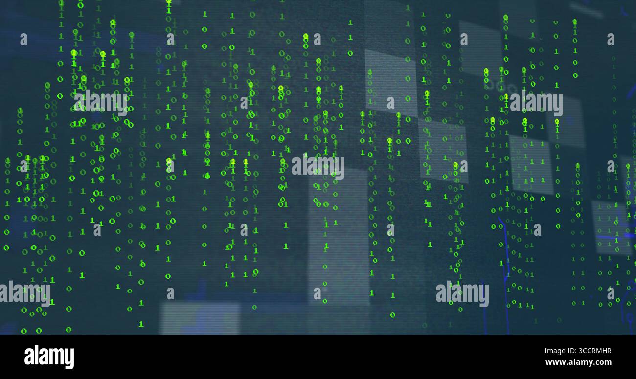 Streaming bright green binary digits flowing across dark blue digital backdrop, with grid overlays Stock Photo