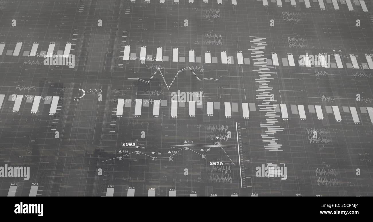 Displaying digital analytics dashboard on grid backdrop, with vertical bar charts and line graphs Stock Photo