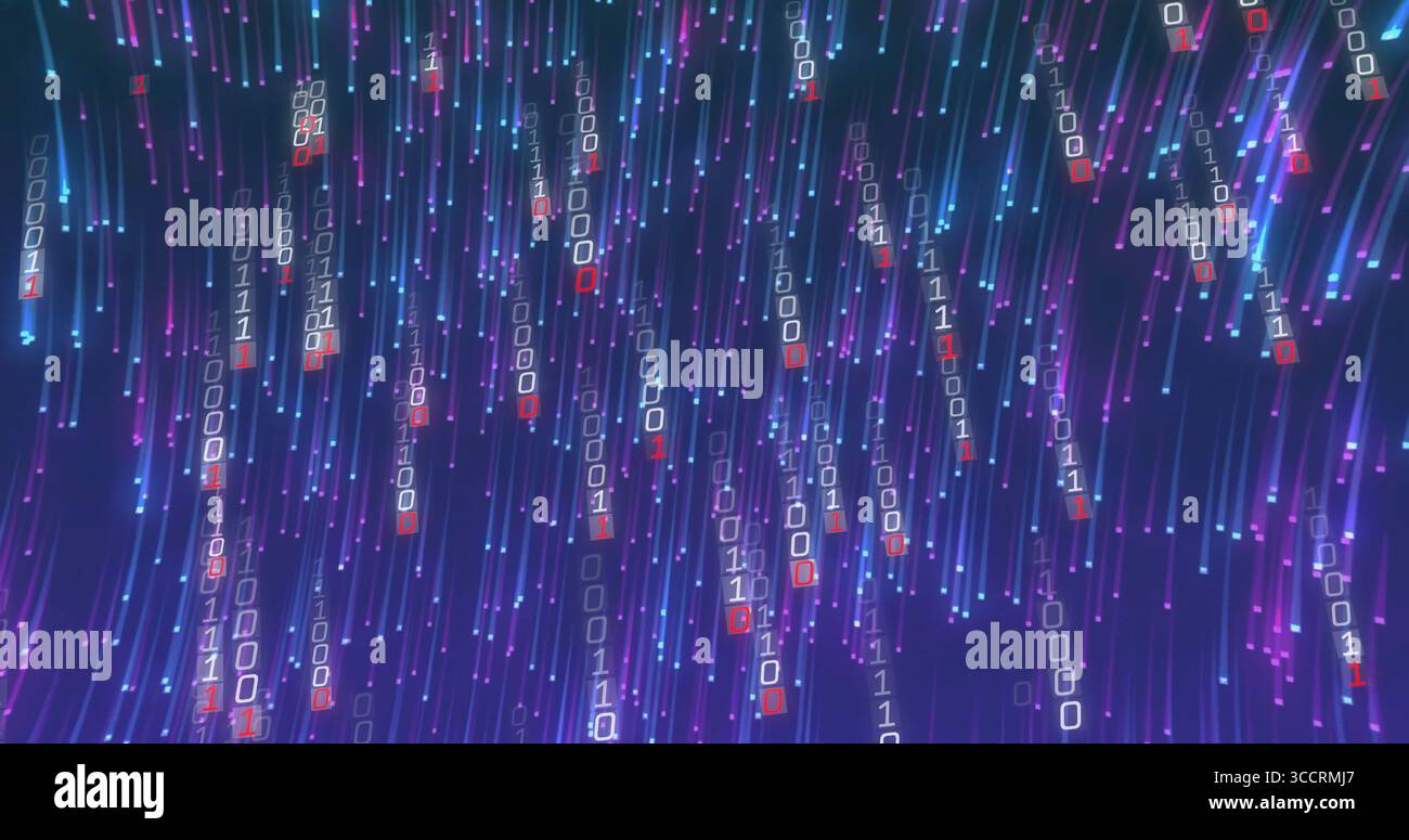 Streaming binary digits falling in cyberspace, with glowing particles and red code blocks Stock Photo