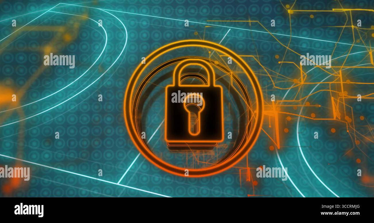 Hovering glowing padlock icon in ring over digital interface, with binary matrix and circuits Stock Photo
