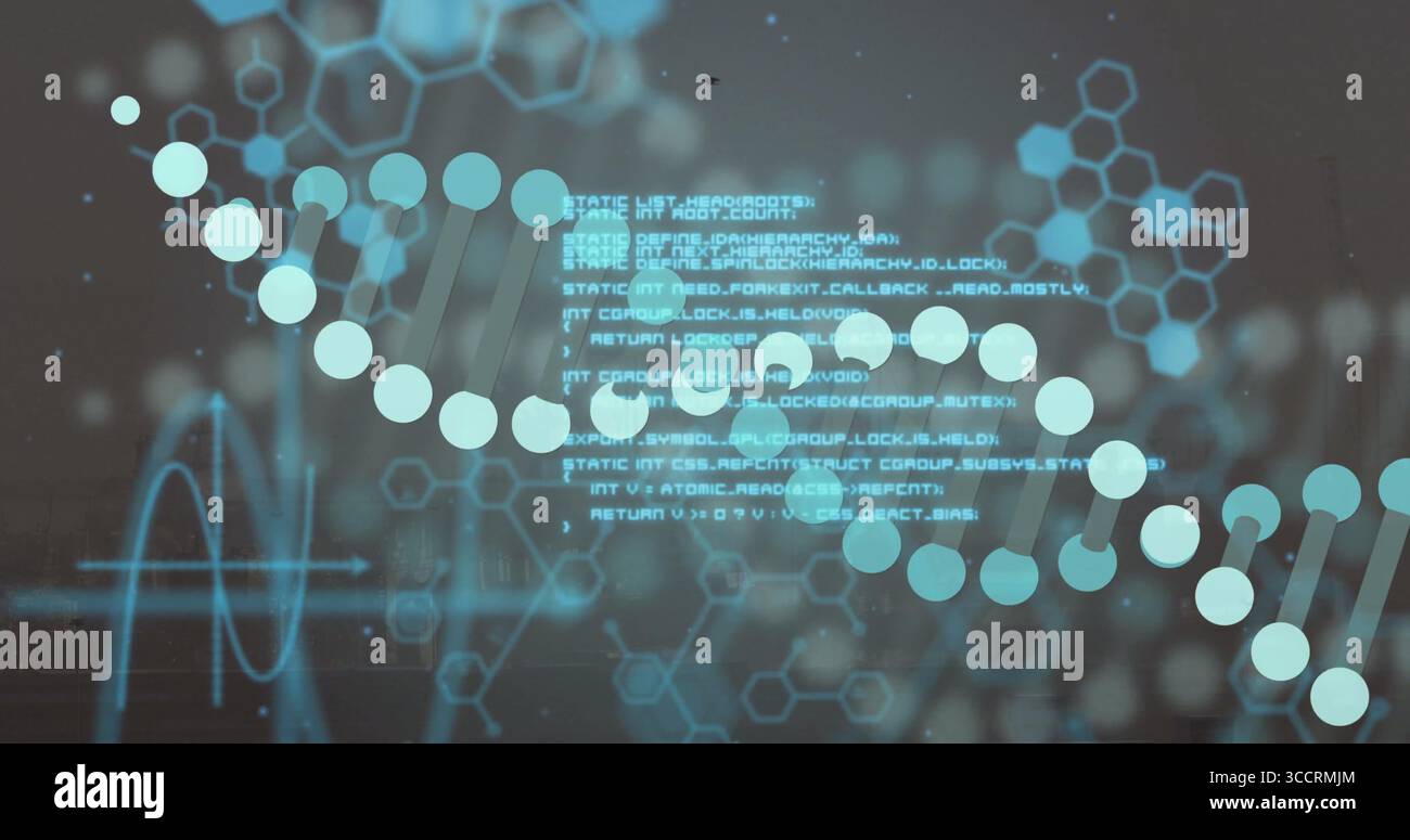 Showcasing DNA double helix at interface, with code text, hexagon outlines and waveform line Stock Photo
