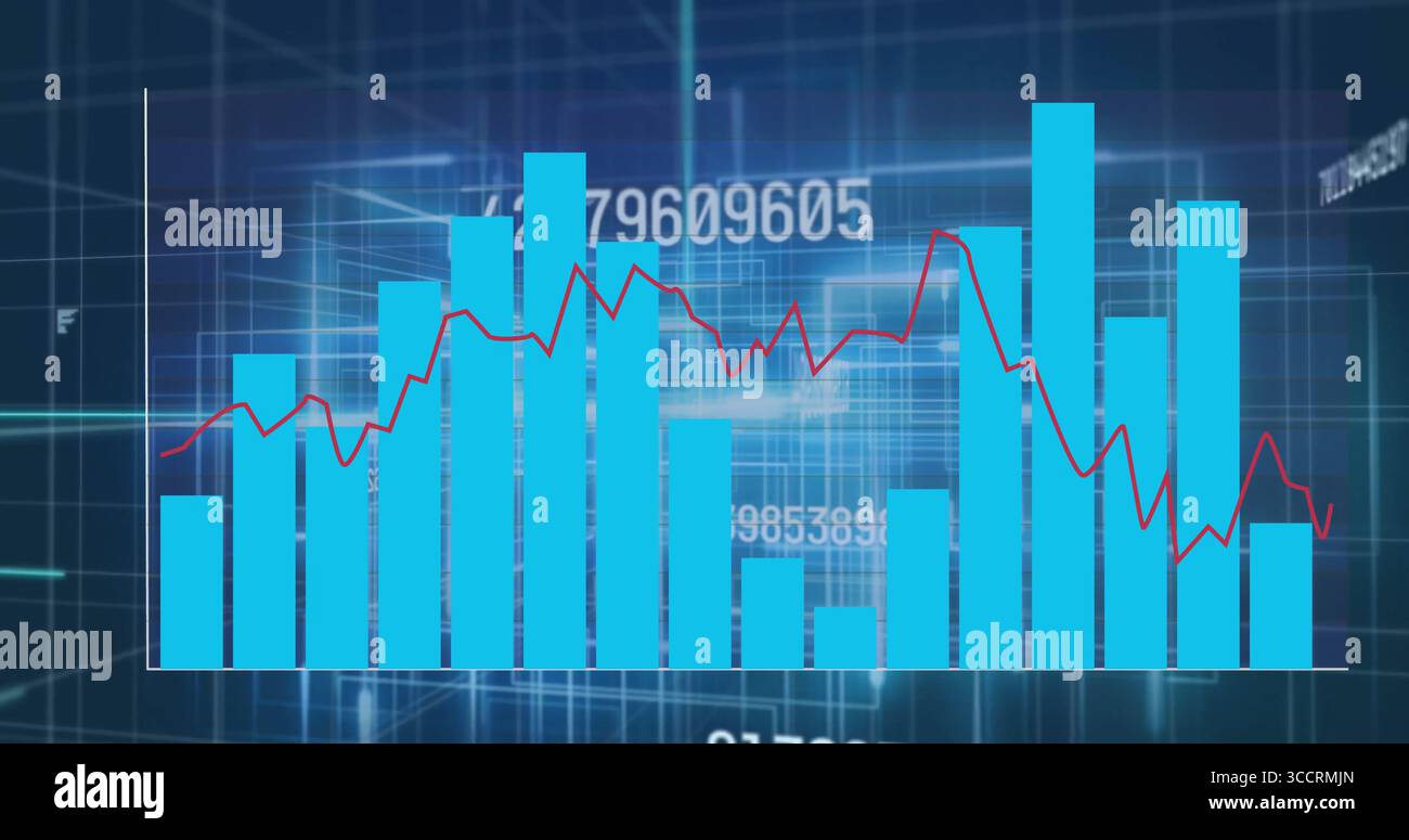 Displaying composite data chart on dashboard, with blue bars, red line, floating numbers, 3D grid Stock Photo