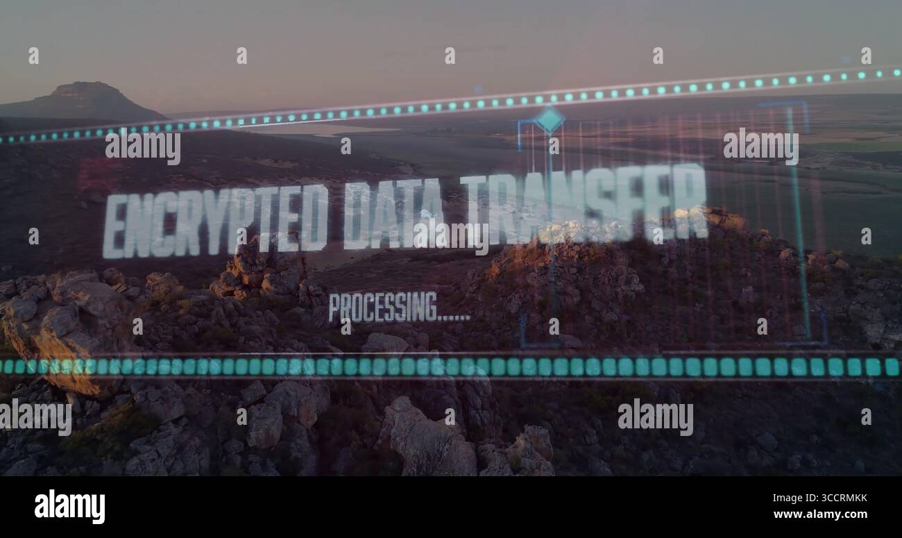 Displaying holographic interface panel on rocky mesa at dusk, with encrypted data transfer progress Stock Photo