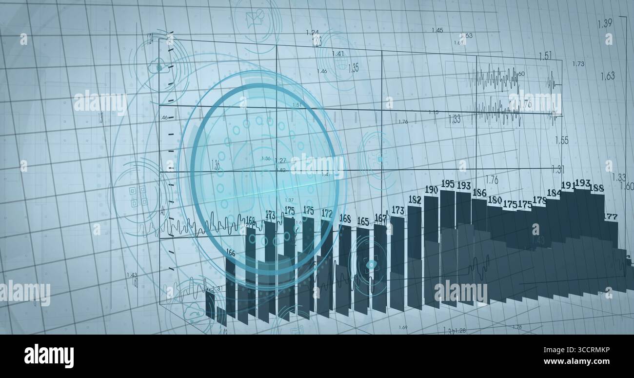 Displaying 3D bar chart columns on data dashboard grid with numeric labels and HUD overlay Stock Photo