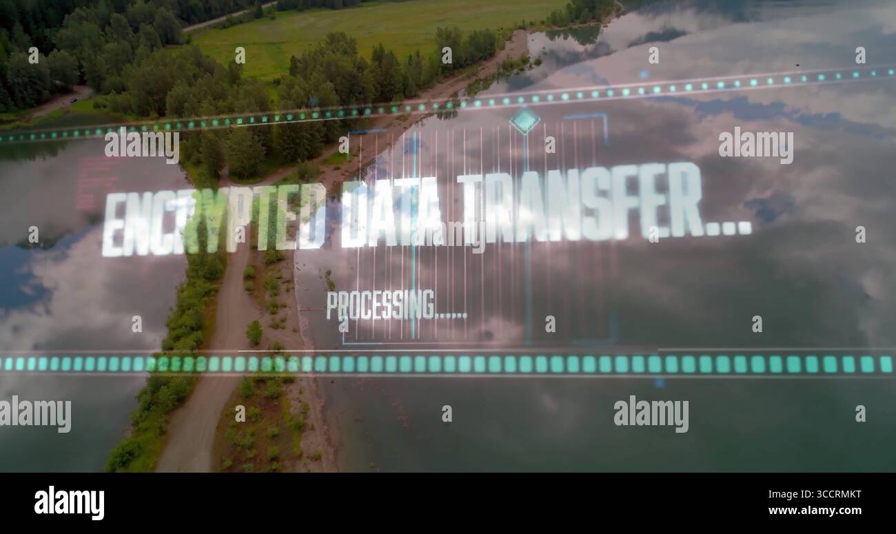 Displaying encrypted data transfer interface overlaying aerial forest shore view with progress bars Stock Photo