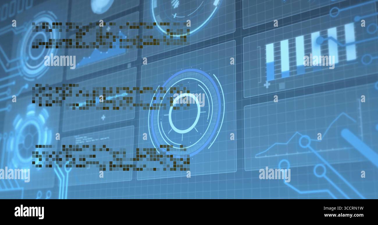 Displaying central circular interface on dashboard with grid overlay, circuit lines and data charts Stock Photo