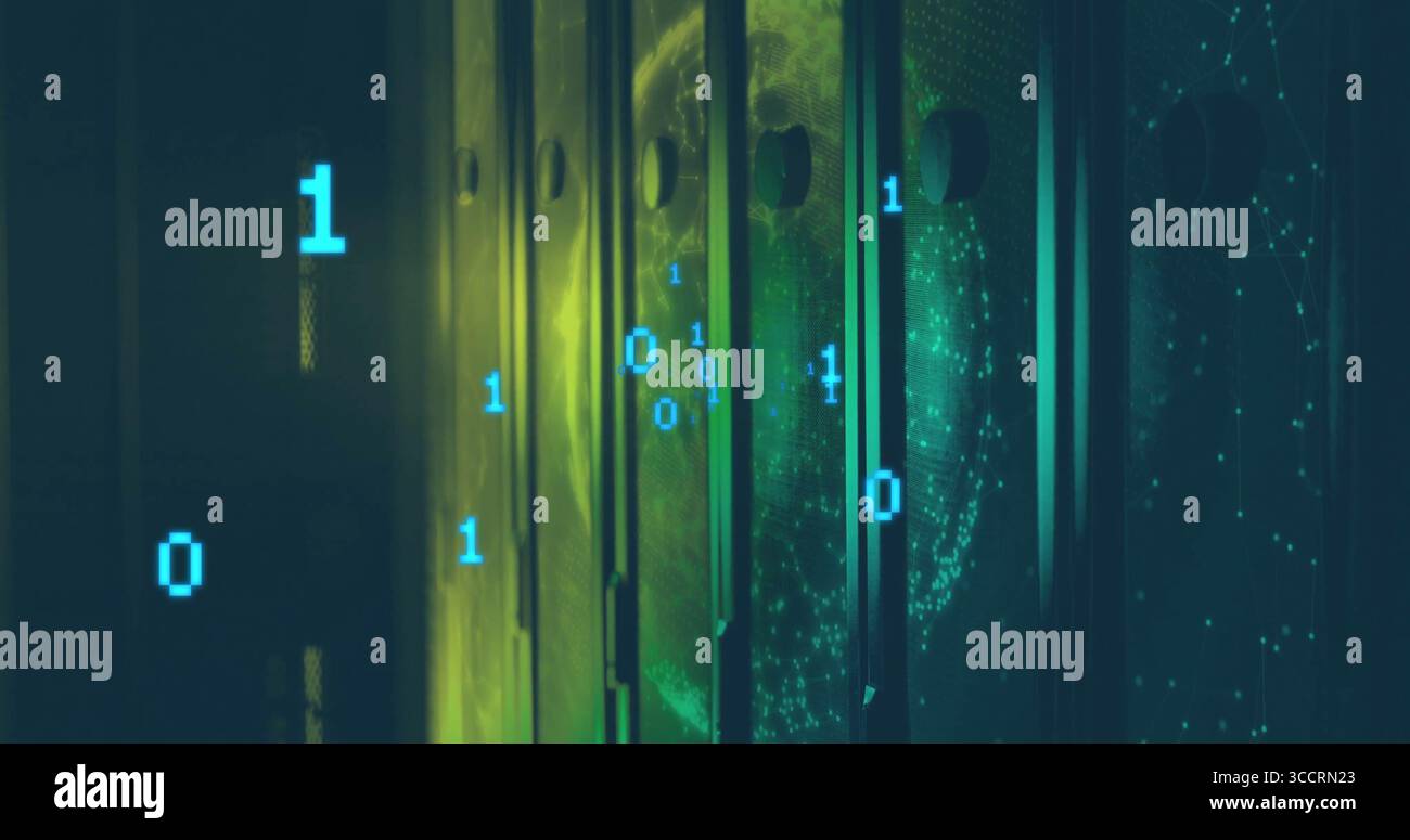 Glowing server cabinets displaying bits in data center, with digital globe and network node pattern Stock Photo