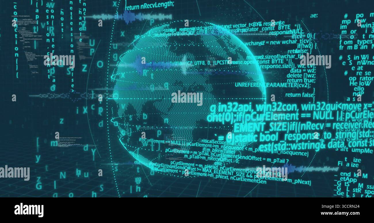 Displaying holographic wireframe globe rotating in abstract data visualization, with code fragments Stock Photo