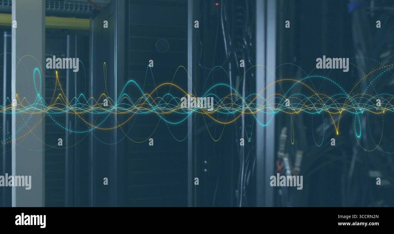Displaying central server cabinet glowing in dim data center corridor, with waveform overlay Stock Photo