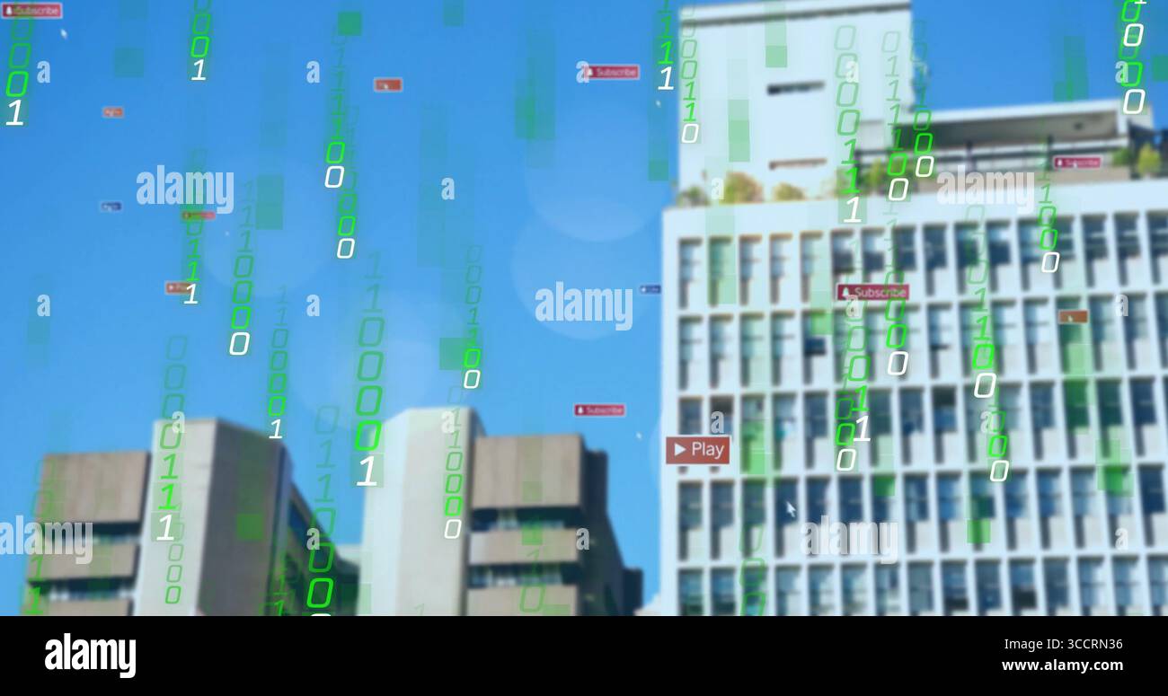 White office tower showing floating binary code downtown, with red Subscribe, Play tags, copy space Stock Photo