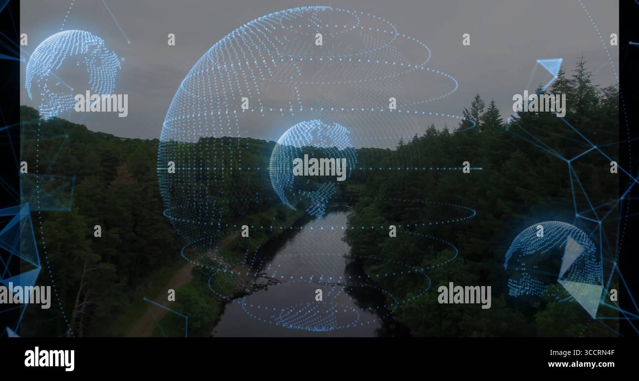 Hovering wireframe globe floating over forest river path, with data points and network shapes Stock Photo