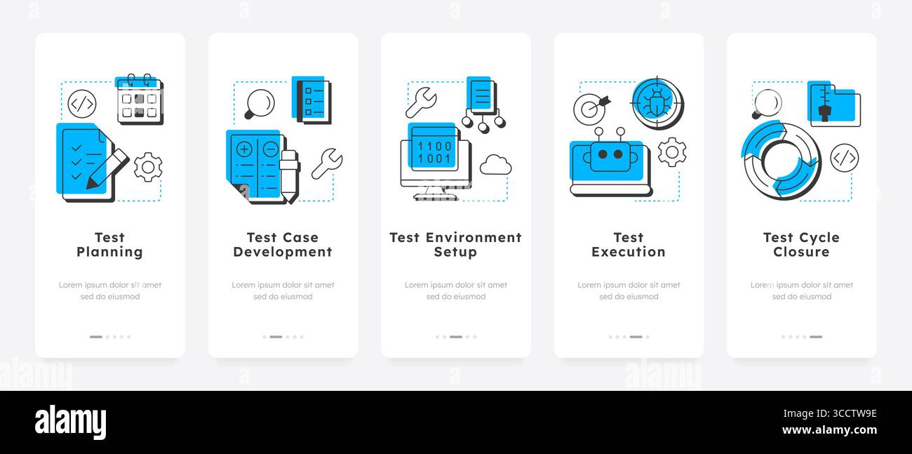 Software testing life cycle mobile app onboarding screens Stock Vector