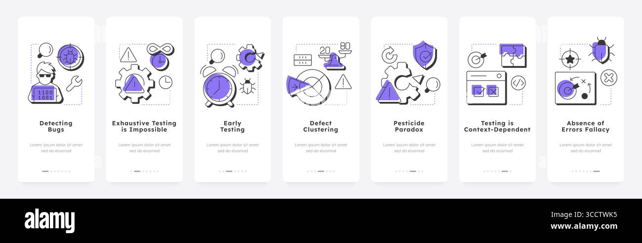 Software testing principles mobile app onboarding screens Stock Vector