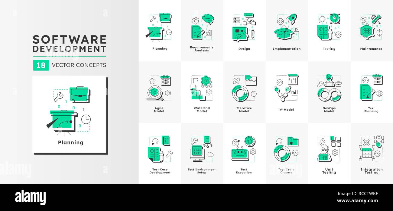 Software development and testing modern linear concept icons bundle Stock Vector