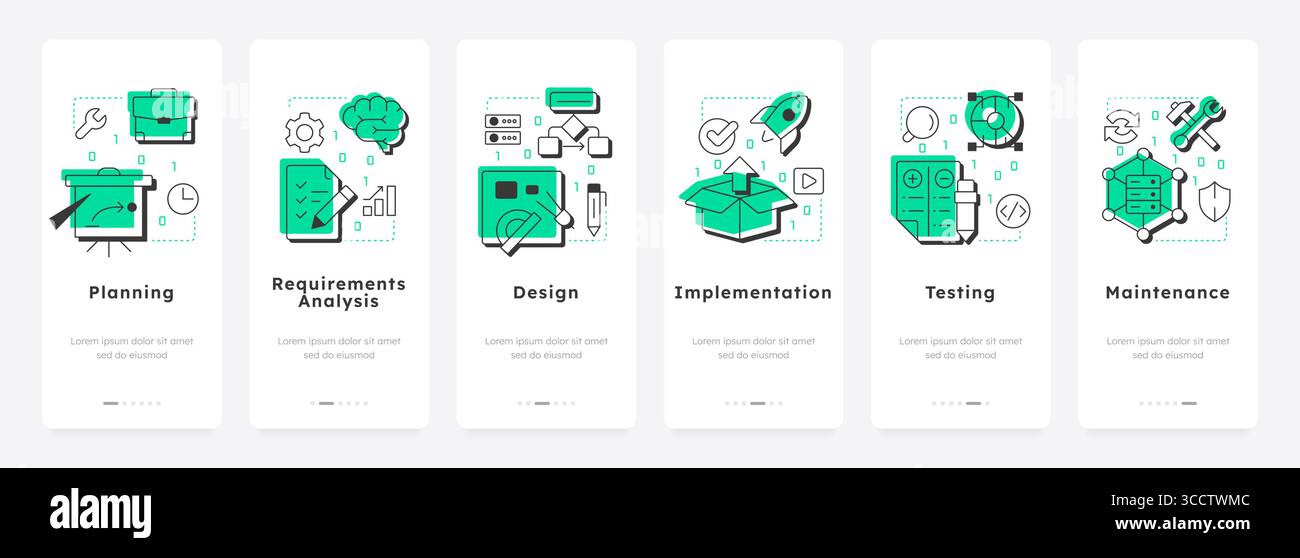 Software development stages mobile app onboarding screens Stock Vector