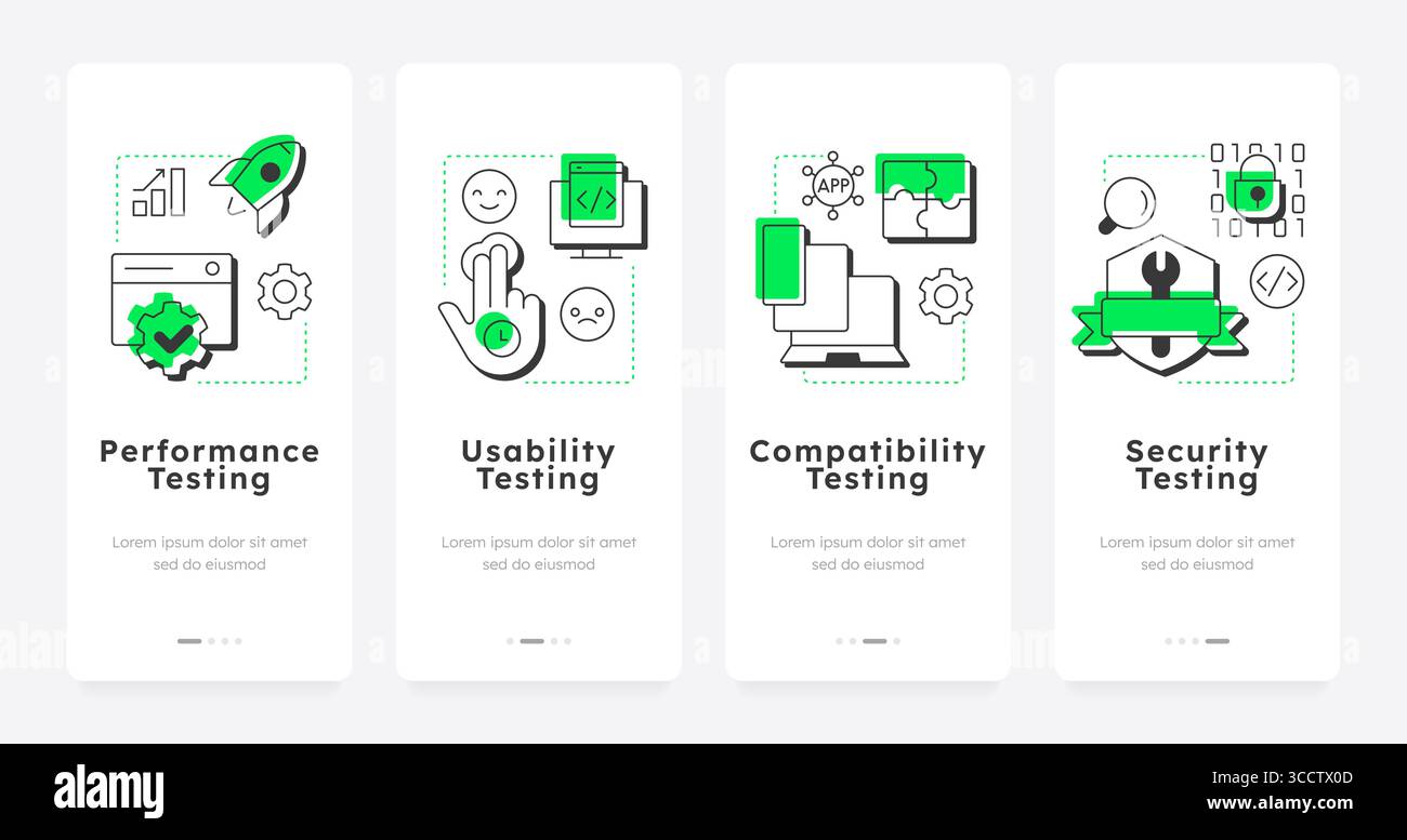 Non-functional testing types mobile app onboarding screens Stock Vector