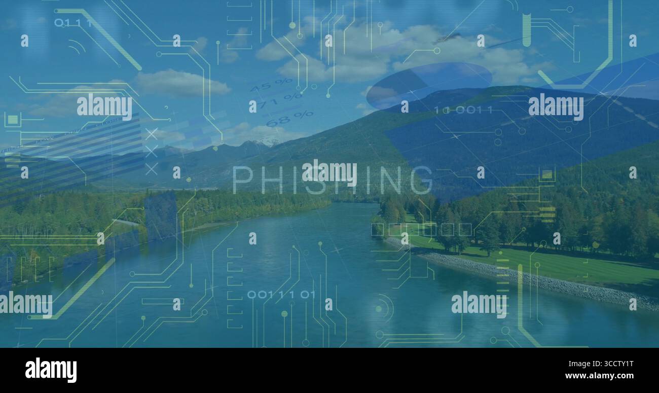 Displaying transparent PHISHING overlay hovering above forested river valley, with binary code Stock Photo