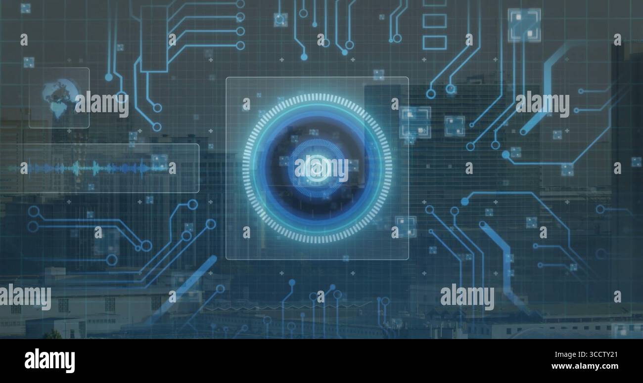 Displaying glowing blue circular HUD interface over digital grid, with circuit lines, data panels Stock Photo