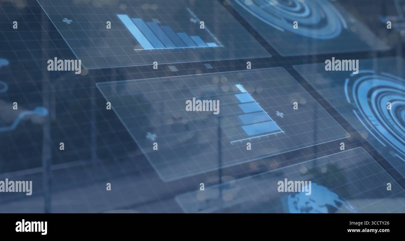Displaying central bar graph panel over digital grid, with glowing nodes and world map fragment Stock Photo