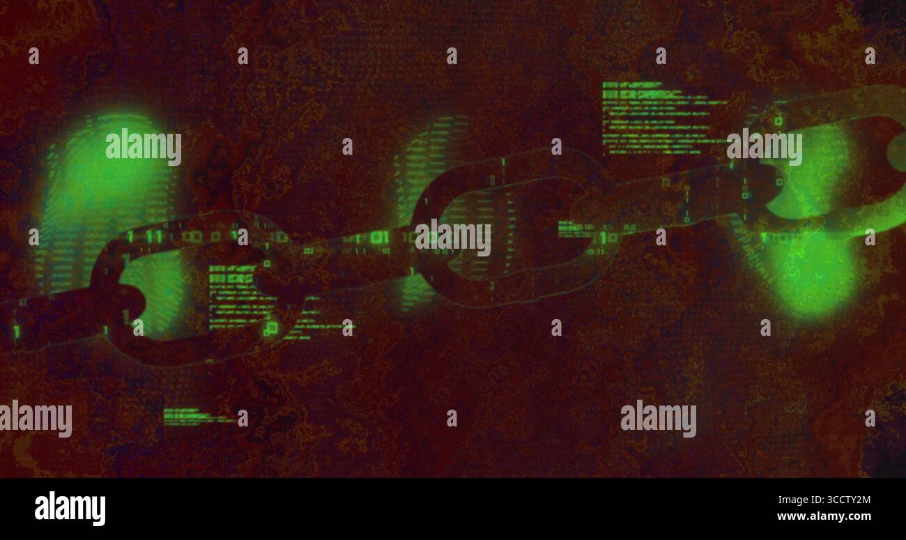 Floating chain links streaming binary digits in digital space, with green code and spheres Stock Photo