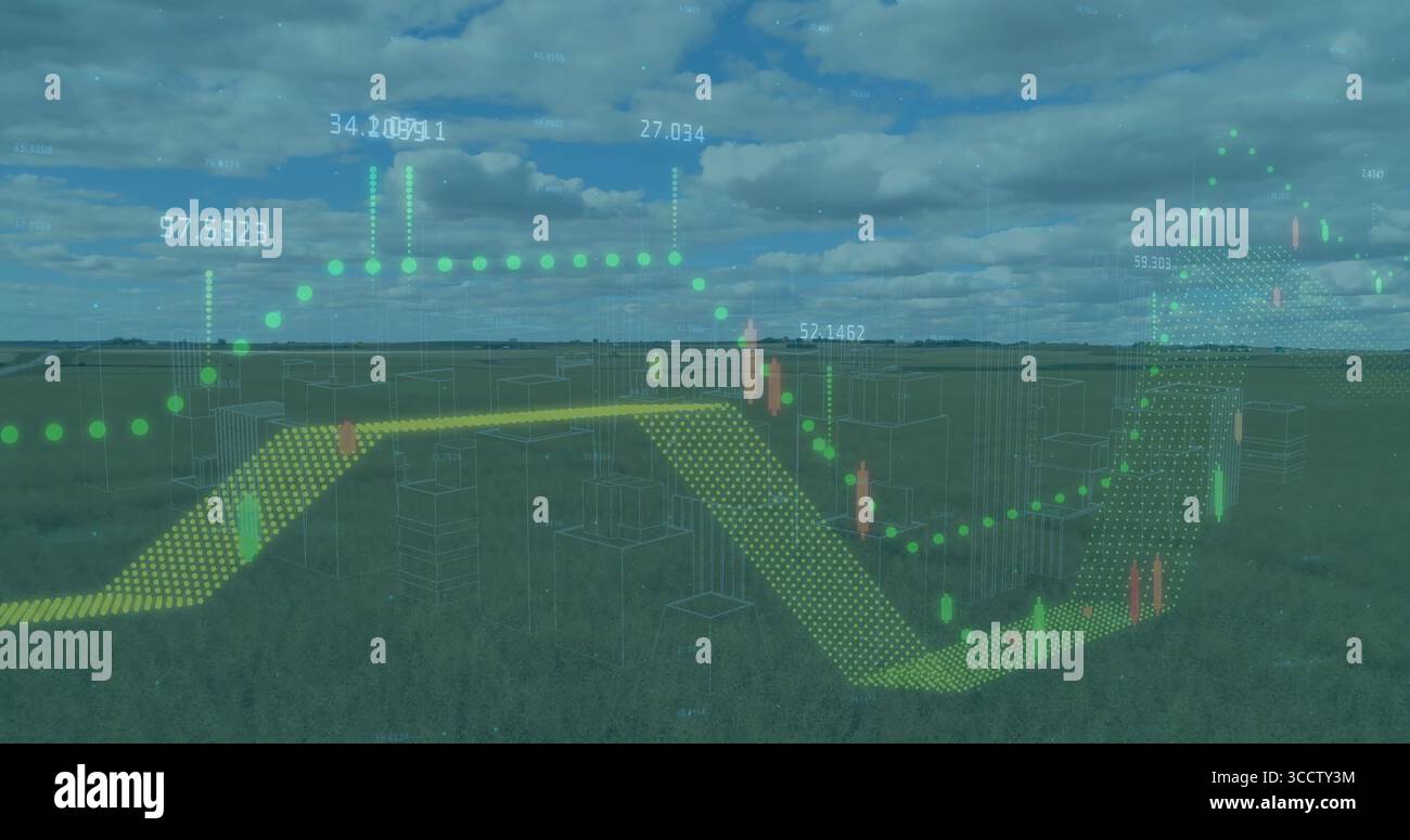 Displaying 3D chart overlaying grassland, with wireframes, trend lines, candlesticks and labels Stock Photo
