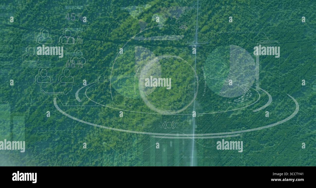 Displaying dense forest canopy from drone view showing translucent UI elements and central rings Stock Photo