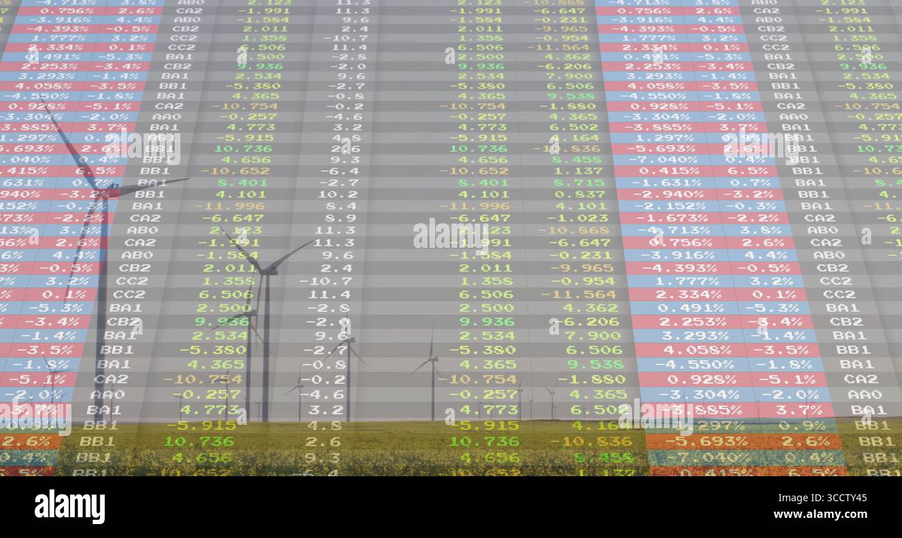 Displaying translucent financial table overlay covering grassy plain with wind farm, colored cells Stock Photo