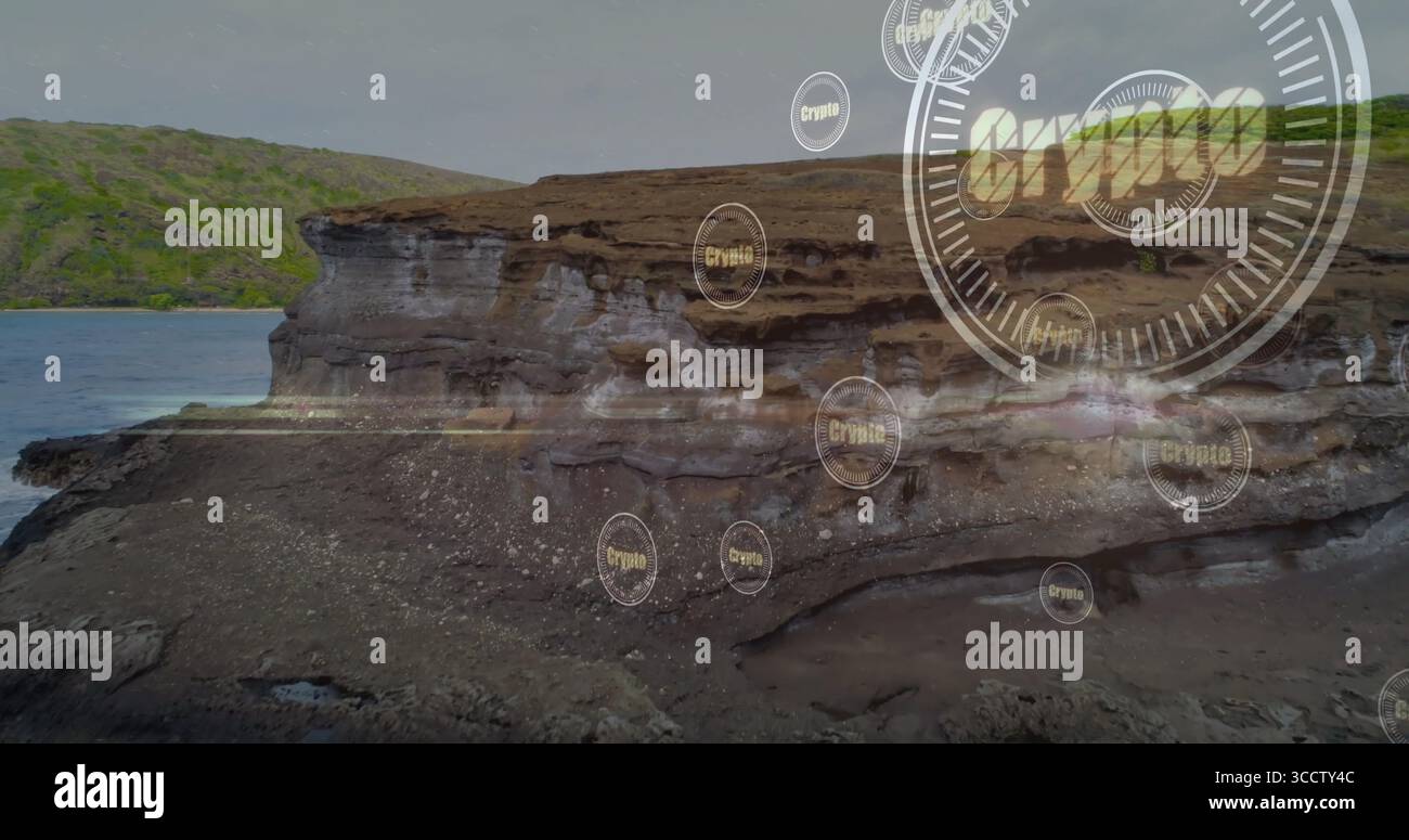 Showing layered rock cliff rising above ocean shore, with digital ...