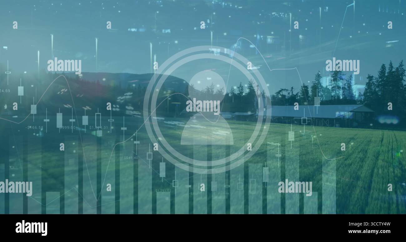 Displaying central user icon floating over farm field, with bar, line ...