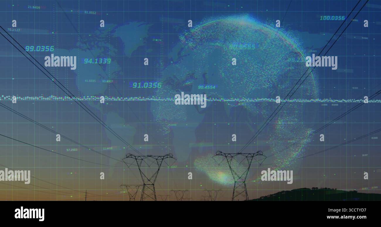 Displaying point-cloud globe hovering above hill at sunset, with power towers, grid, data labels Stock Photo