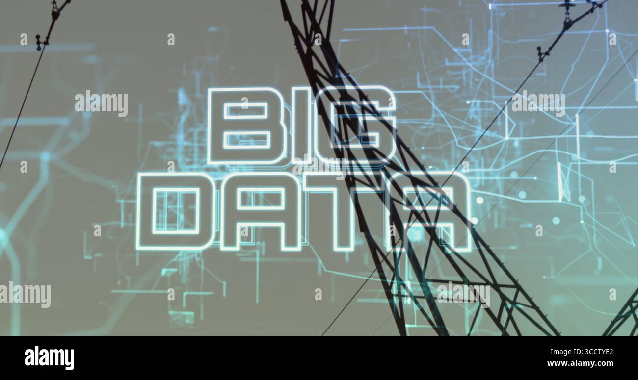 Displaying glowing BIG DATA text over digital network backdrop, with transmission tower and cables Stock Photo